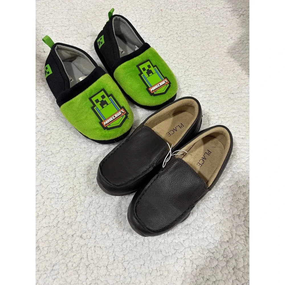 The Children's Place 1 Brown Loafers & Minecraft Slippers Bundle Preppy Casual